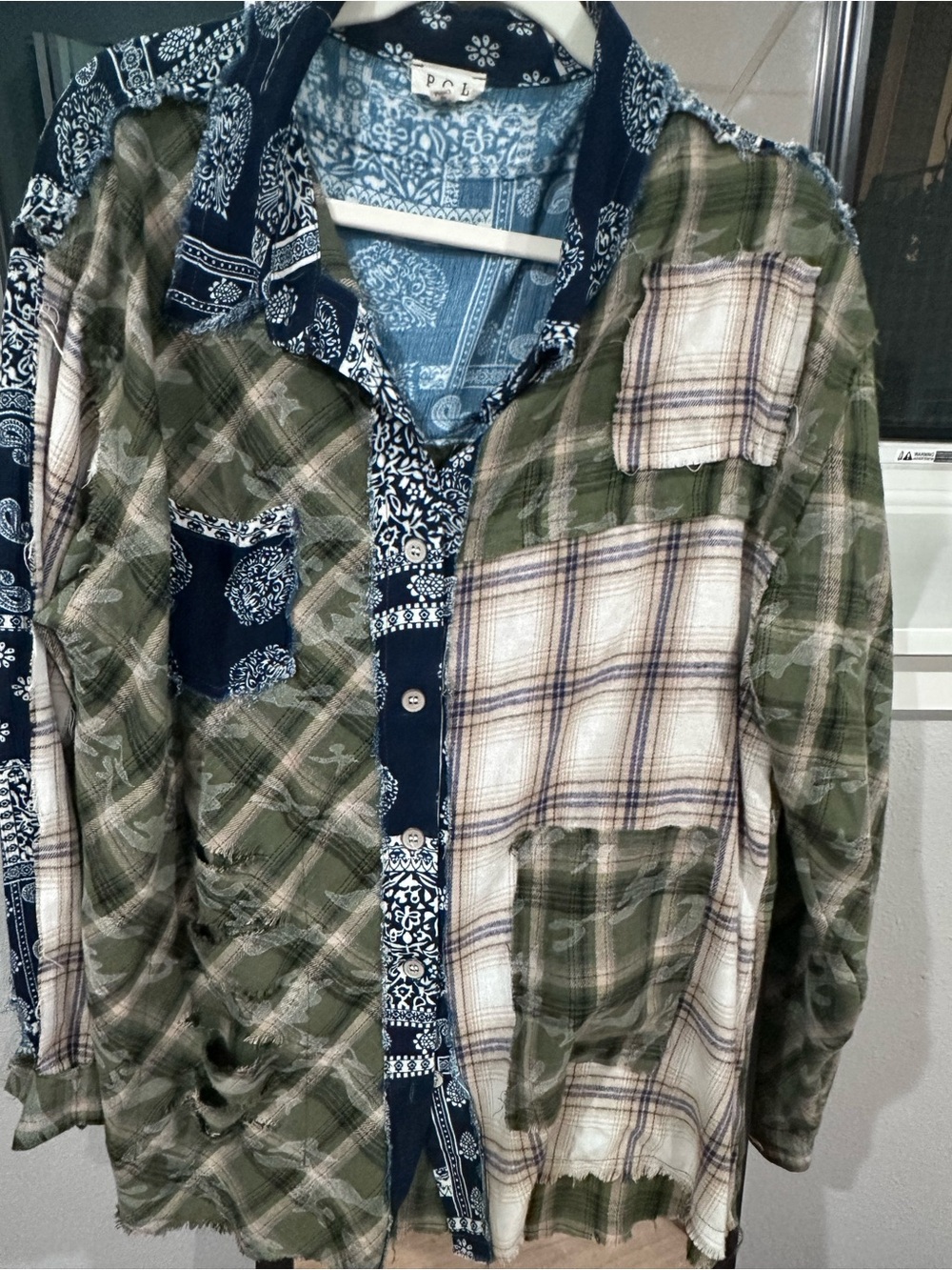 POL Patchwork Flannel Shirt Jacket - Green & Navy
